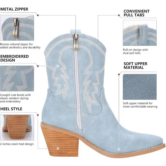 ⚡Women's Light Blue Ankle Boot Embroidered Comfy Fashion Vintage Boot Wide Calf - Picture 2 of 5